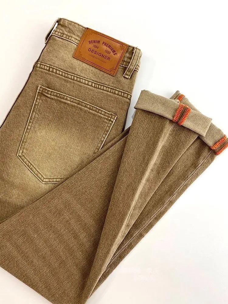 High-end 2026 Luxury Brand Clothes Khaki Jeans Men's Light Luxury Washed Casual Elastic Slim Small Feet Embroidered Long Pants