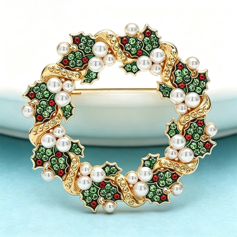 PENDRA Evergreen Crystal Garland Rhinestone Pearl Flower Wreath Brooch