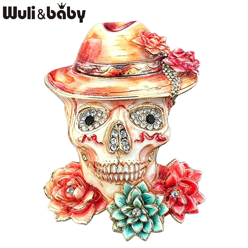 PENDRA Retro Wear Flowers Hat Skull Brooch