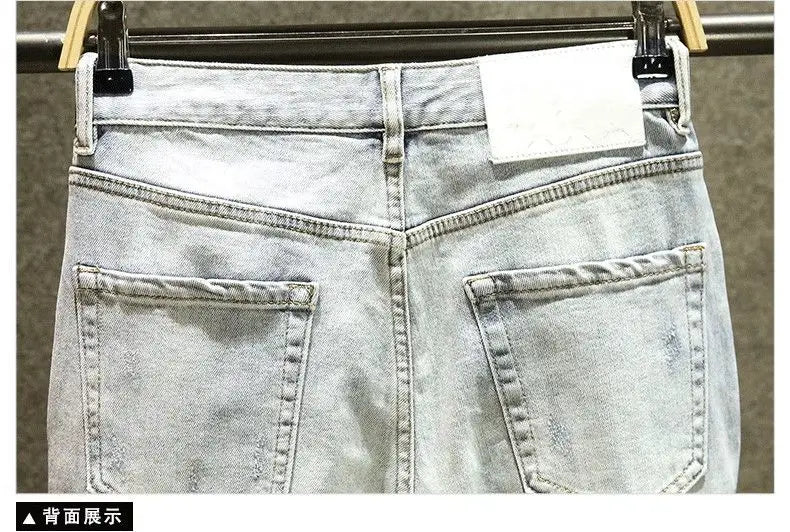 2025 Summer Ripped Jeans Men's Slim-fitting Small Feet Elastic Trousers Trendy Brand Fashion Scratched Patch Cargo Beggar Pants