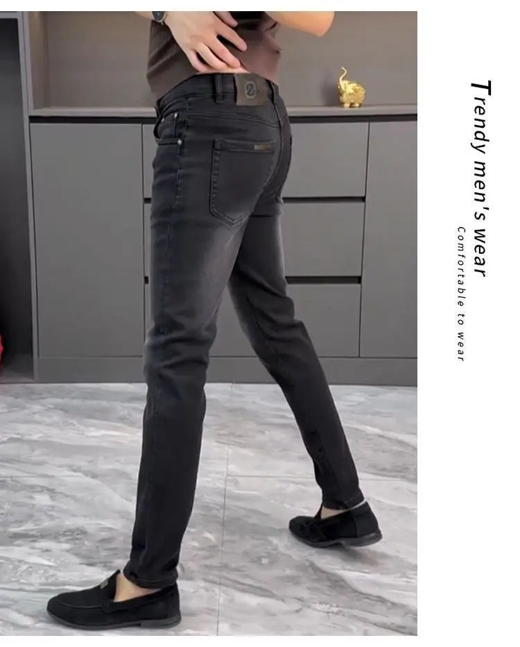 High-end Jeans Men's Spring and Summer Versatile Slim Pants  Black Trendy Brand Business Trousers Men Clothing Low Rise Jeans