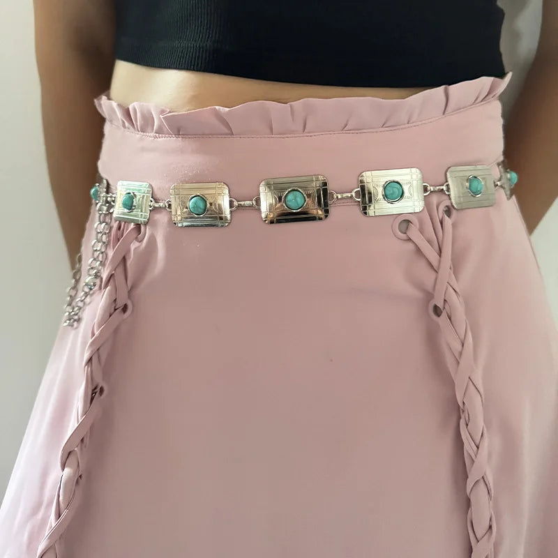 PENDRA Elaraeva Blue Gemstone Luxury Waist Chain Belt