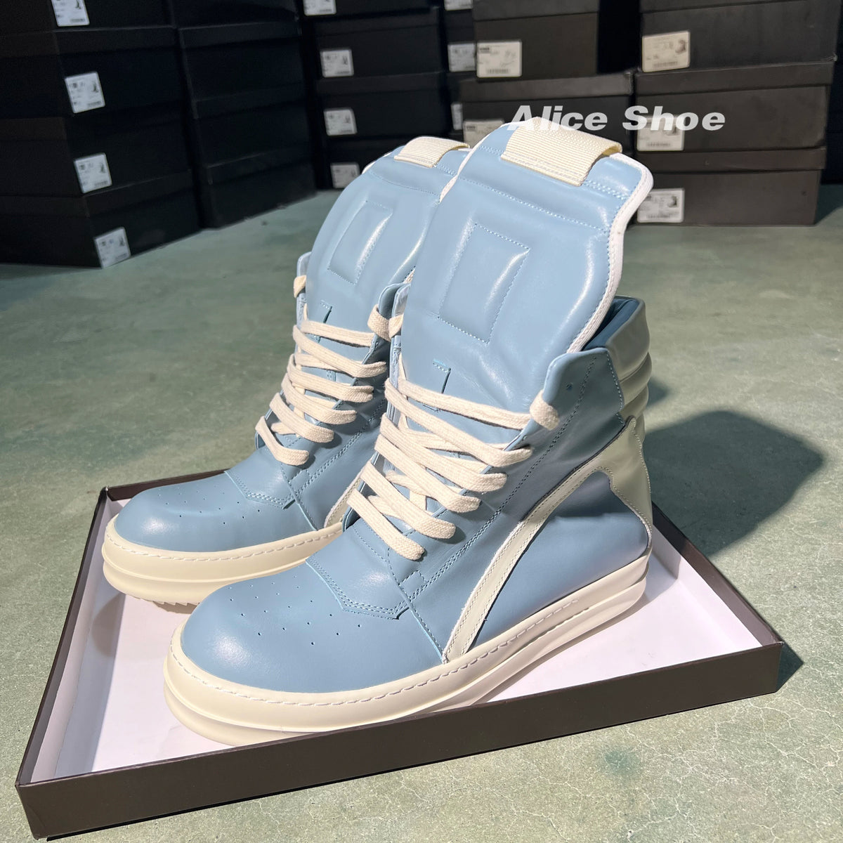 PENDRA Blue Geobasket Blue Leather High-Top Zip Lace-Up Ankle Boots