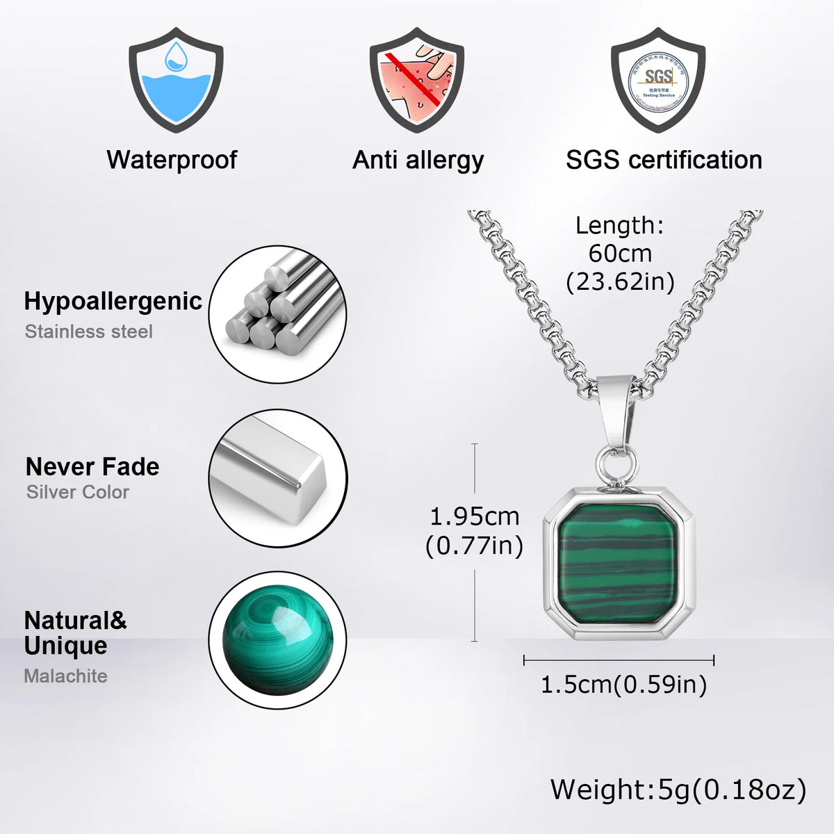 Watermelon Color Pendant Necklace for Men Boys,Green Square Round Stainless Steel Necklace,Stylish Jewelry Gifts to Husband Dad