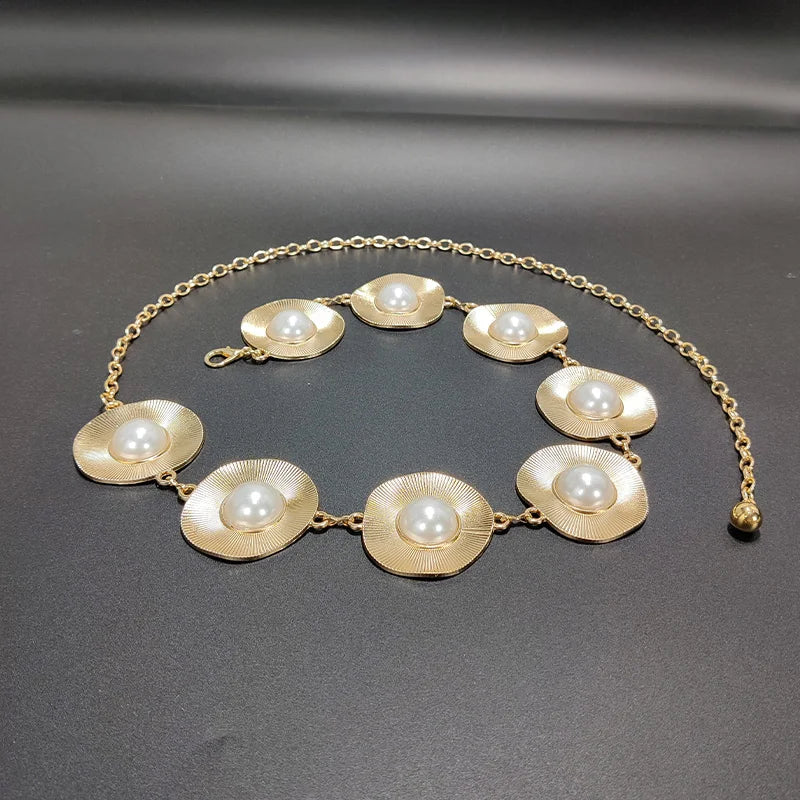 Luxury Designer Big Faux Pearls Chain Belt Female Elegant Belt For Women Dresses Jeans Waistband Exaggerated Body Accessories