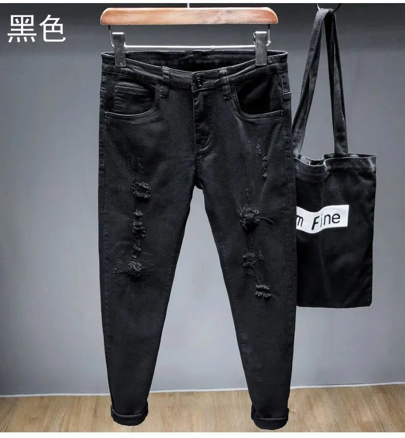 Spring New Ripped Jeans Men's Slim-fitting Elastic Simple Solid Casual Trousers Trendy Men's Trousers White Denim Jeans Hombre