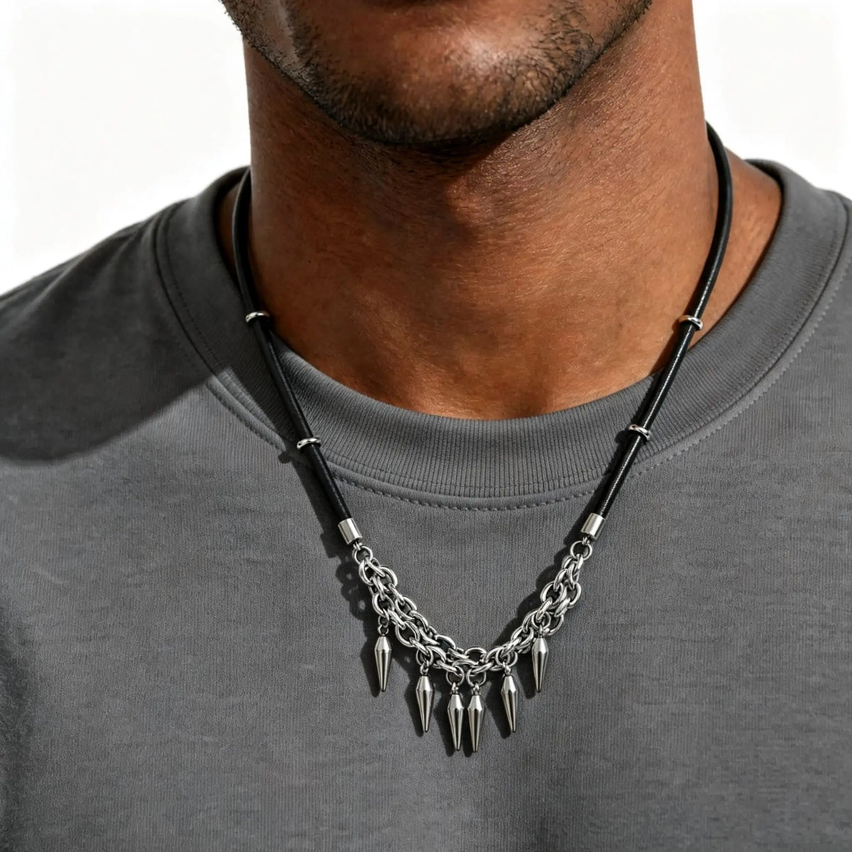 Rock Punk Rivet Leather Necklace for Men,Stainless Steel Tassel Chain Choker,Street Rapper Biker Jewelry Gift