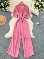 Fashionable casual lapel collar short sleeved cinched waist jumpsuit women's summer new solid color wide leg long pants