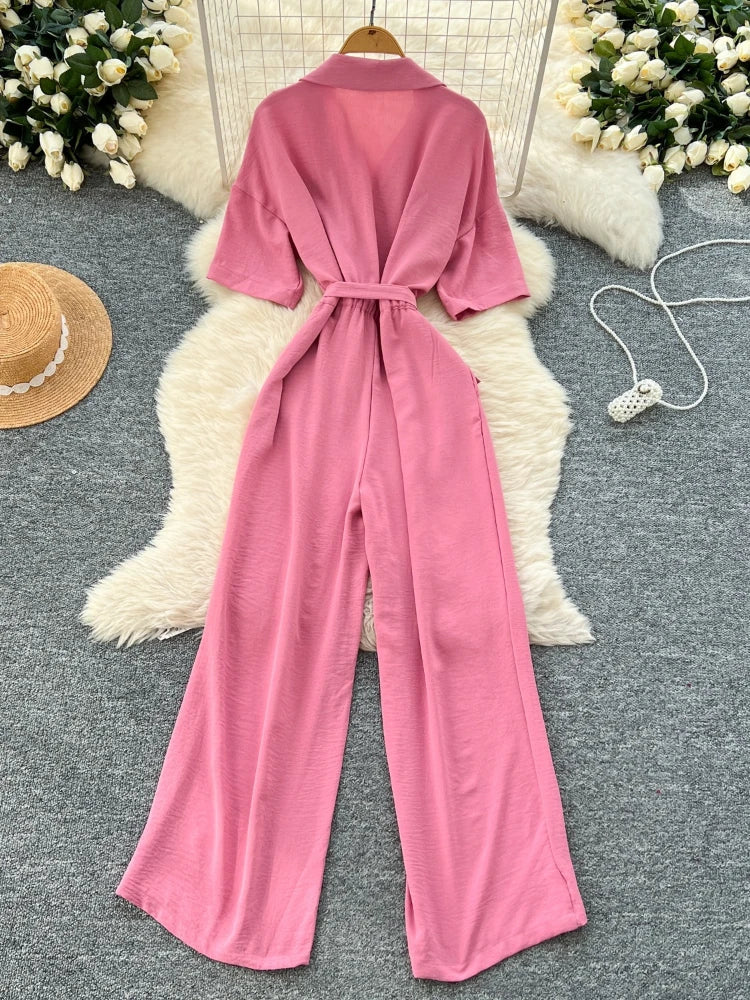 Fashionable casual lapel collar short sleeved cinched waist jumpsuit women's summer new solid color wide leg long pants