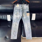 High-end Luxury Clothing Light Blue Jeans Men Fashion Ink Splatter Autumn Slim Pencil Pants Spring Autumn Designer Denim Jeans