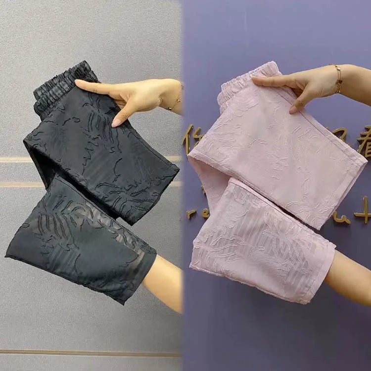 Lace hollowed out cropped pants women summer 2024 thin slim small foot Harlan pants loose and high waist versatile casual pants