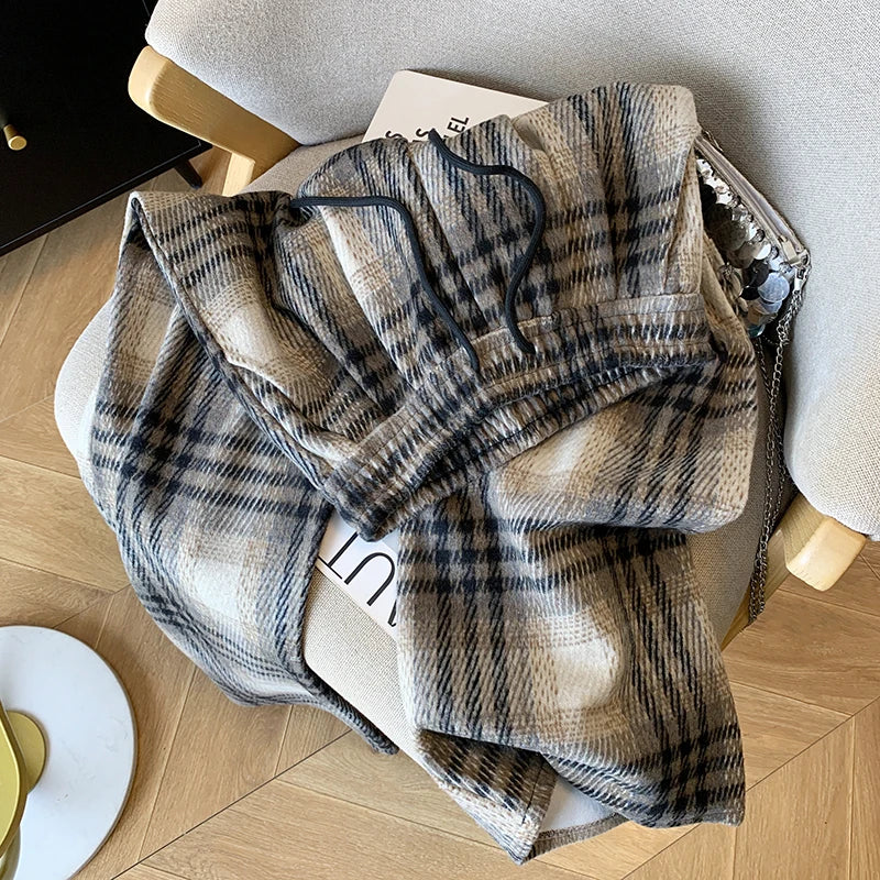 PENDRA Plaid Woolen Elastic Waist Wide Leg Pants