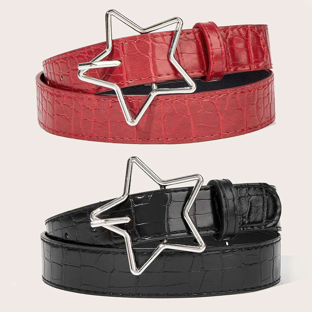 Hip-hop Retro Ladies Belt Gothic Punk Five-pointed Star Buckle Pu Leather Girdle Rock Y2k Popular Red Gothic Jeans Waistband