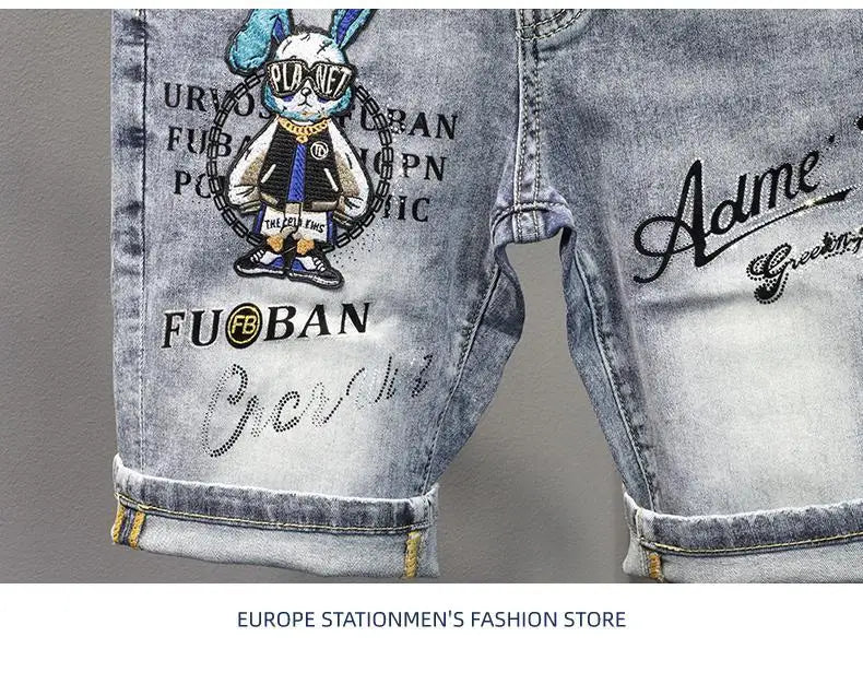 New Kpop Summer Casual Knee Length Men's Jeans Shorts Fashion Embroidered Rabbit Printed Hot Drilled Slim Thin Short Trousers