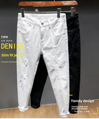 Spring New Ripped Jeans Men's Slim-fitting Elastic Simple Solid Casual Trousers Trendy Men's Trousers White Denim Jeans Hombre