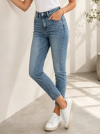 Summer women's mid waist elastic washed blue tight jeans with pockets, versatile and casual, suitable for casual wear outside