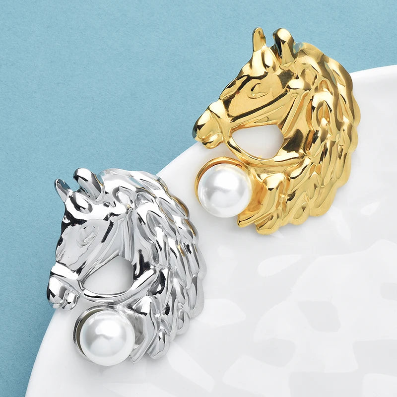 Wuli&baby Stainless Steel Horse Brooch Pin Pearl Animal Head Women Metal Badge Jewelry Accessory