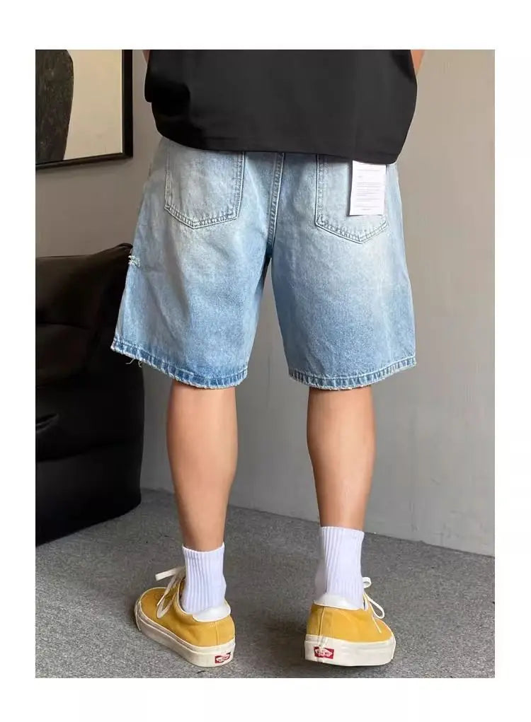 Fashion 2026 New Retro Personalized Ripped Denim Shorts Men's Summer Trendy Brand Ruffian Handsome Straight Baggy Medium Pants