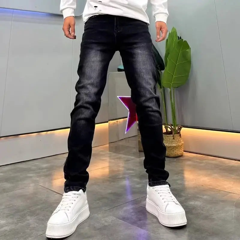 High-end 2026 Dark Blue Foot Zipper Jeans Men's Slim-fitting Small Straight Trendy Fashion Elastic Cargo Casual Trousers Male