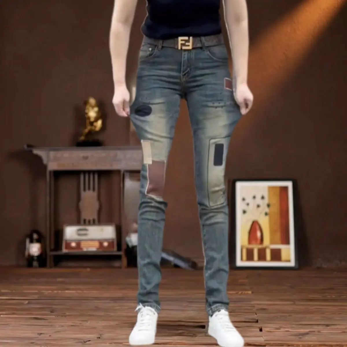 New 2026 Blue Embroidered Men's Slim-fitting Small-footed Jeans Casual Korean Fashion Patch Trend Beggar Designer Long Pants Man