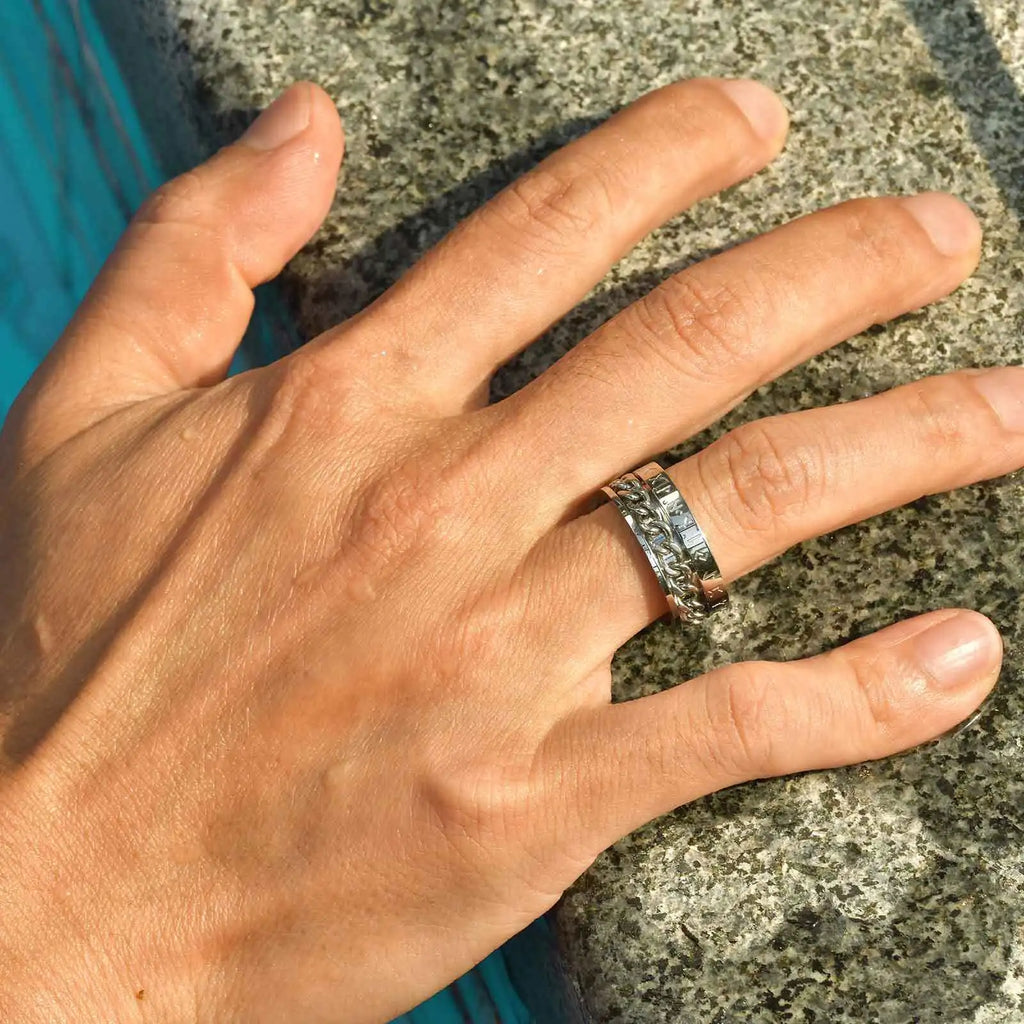 Viking Rune Chain Spinner Ring for Men,Stainless Steel Rotatable Ring,Vintage Norse Stress Relief Jewelry Gift