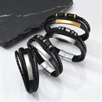 Black Multi Layers Leather Bracelet for Men,Metal Tube Charm Handmade Braided Rope Leather Bracelet,Gift for Husband Dad Son