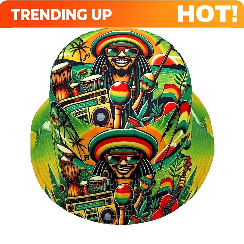 PENDRA Hip-hop Jamaican Character Print Double-sided Bucket Lightweight Fisherman Bucket Hat