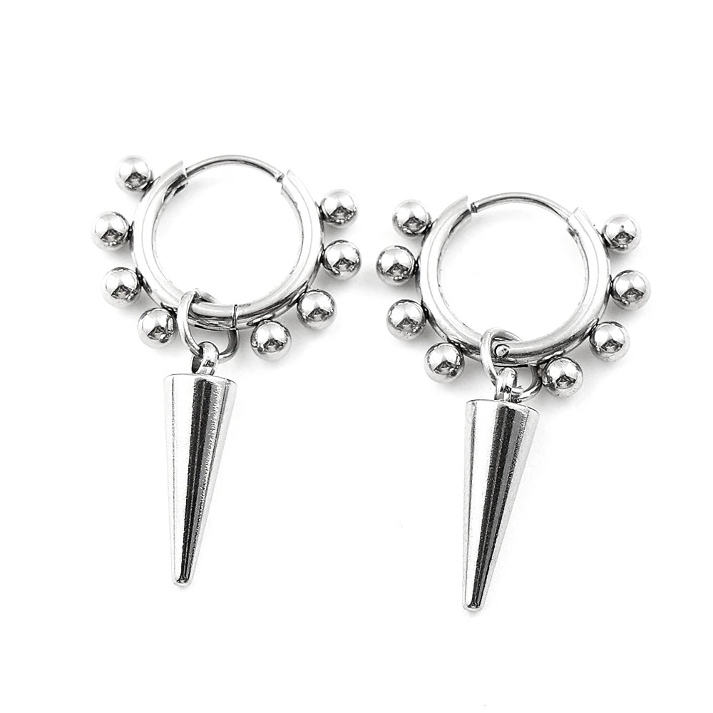 Stainless Steel Spike Cone Drop Earrings Man Punk Beaded Hoop Earrings for Men Women Gothic Hip Hop Dangle Ear Cool Jewelry Gift