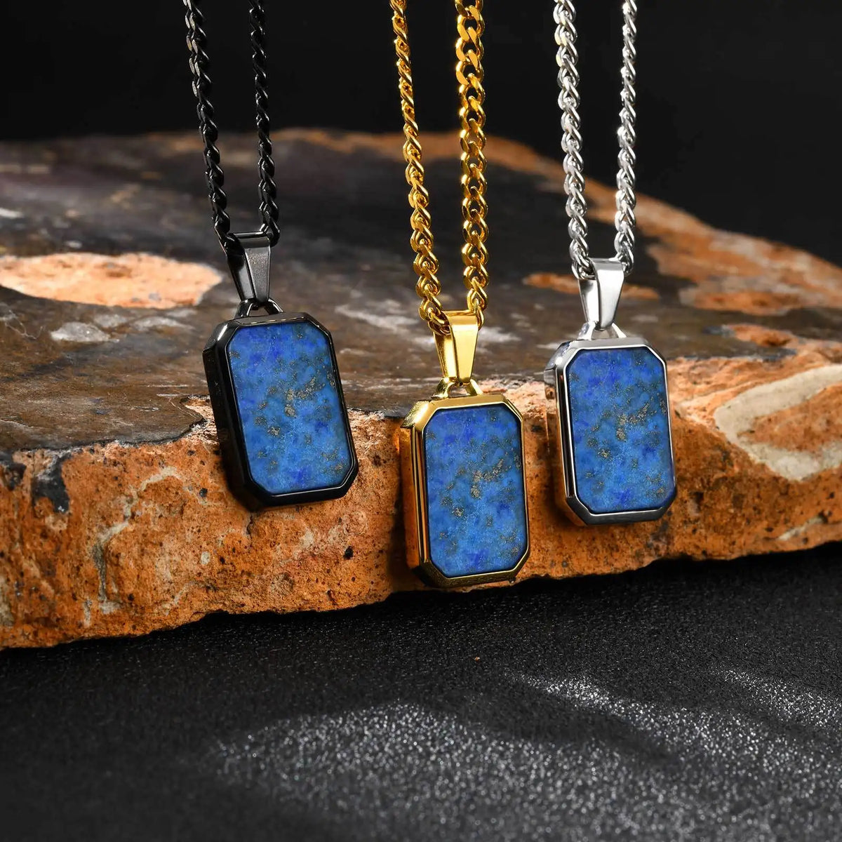 Casual Stainless Steel Men's Rectangular Necklace,Blue Natuarl Stone Lapis Lazuli Pendant,Birthday Father Anniversary Gift