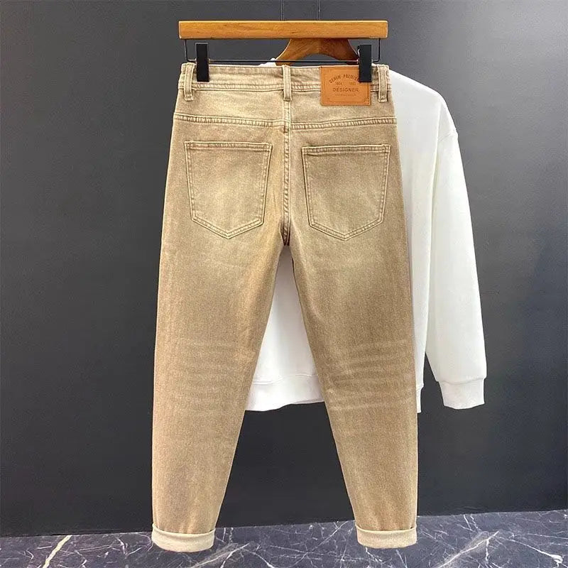 High-end 2026 Luxury Brand Clothes Khaki Jeans Men's Light Luxury Washed Casual Elastic Slim Small Feet Embroidered Long Pants