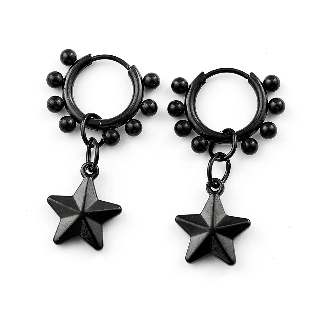 Punk Black Moon Star Hoop Earrings Gothic Crescent Dangle Stainless Steel Beaded Drop Earrings Men Women Hip Hop Jewelry Gifts