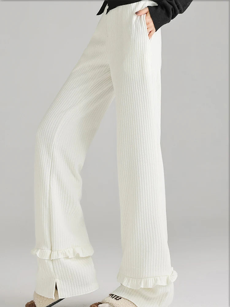 Solid corduroy micro flared pants women's winter wide leg casual high waisted narrow version straight leg sweatpants