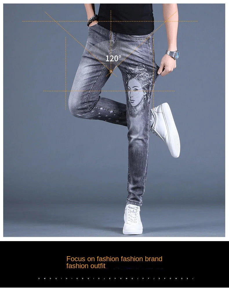PENDRA Denim Cotton Printed Trousers