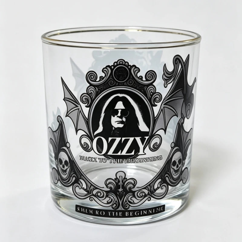 Gothic Skull Bat Whiskey Glass, Ozzy Inspired Gold Rim Cocktail Glass