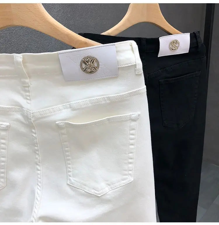 High-Quality Korean Street Men's Slim Jeans for Spring and Autumn with Denim Fabric and Casual Solid White Black Punk Trousers