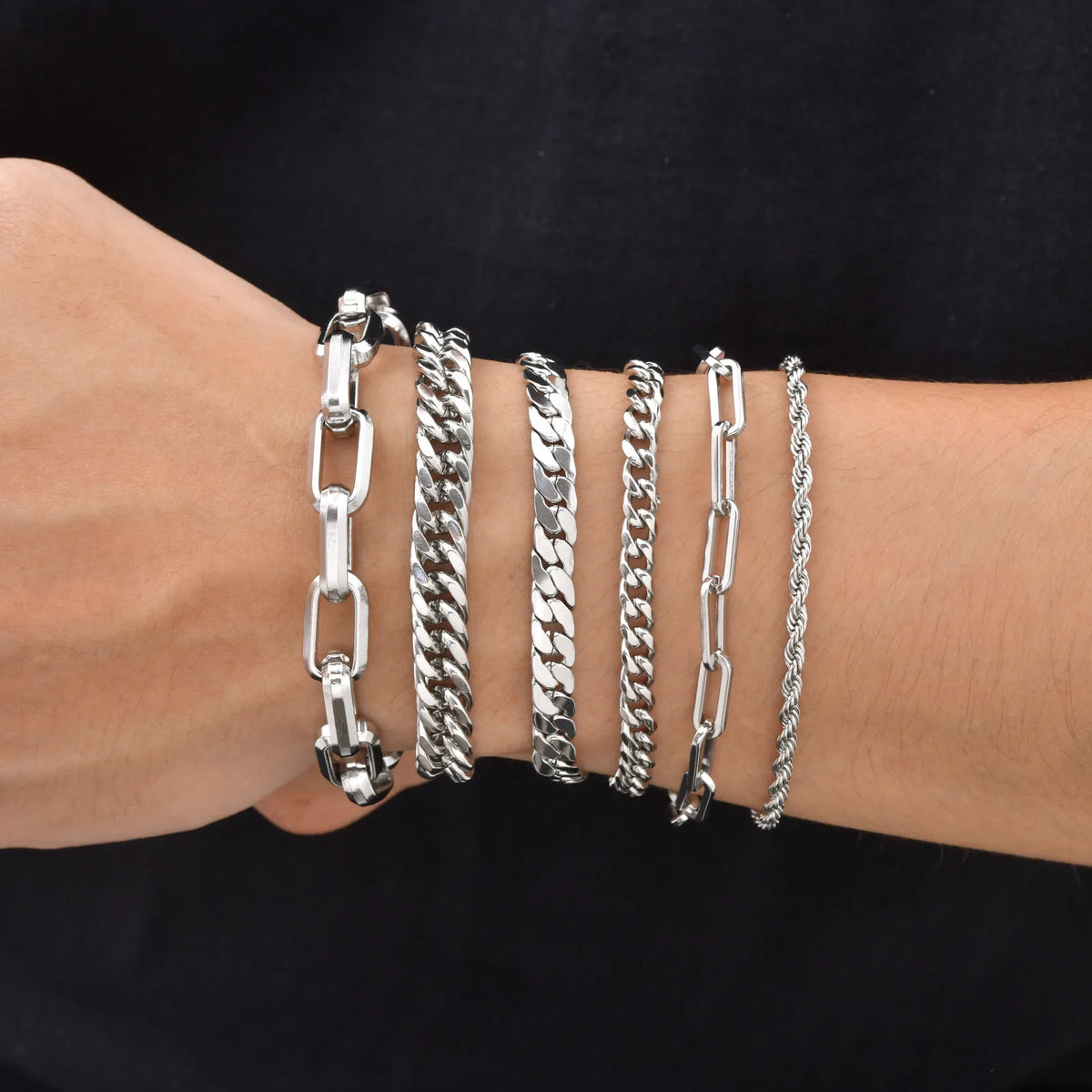 Punk Silver Color Men's Chain Bracelets,Hip Hop Stainless Steel Braided Link Wristband,Classic Metal Jewelry Gift for Him Dad