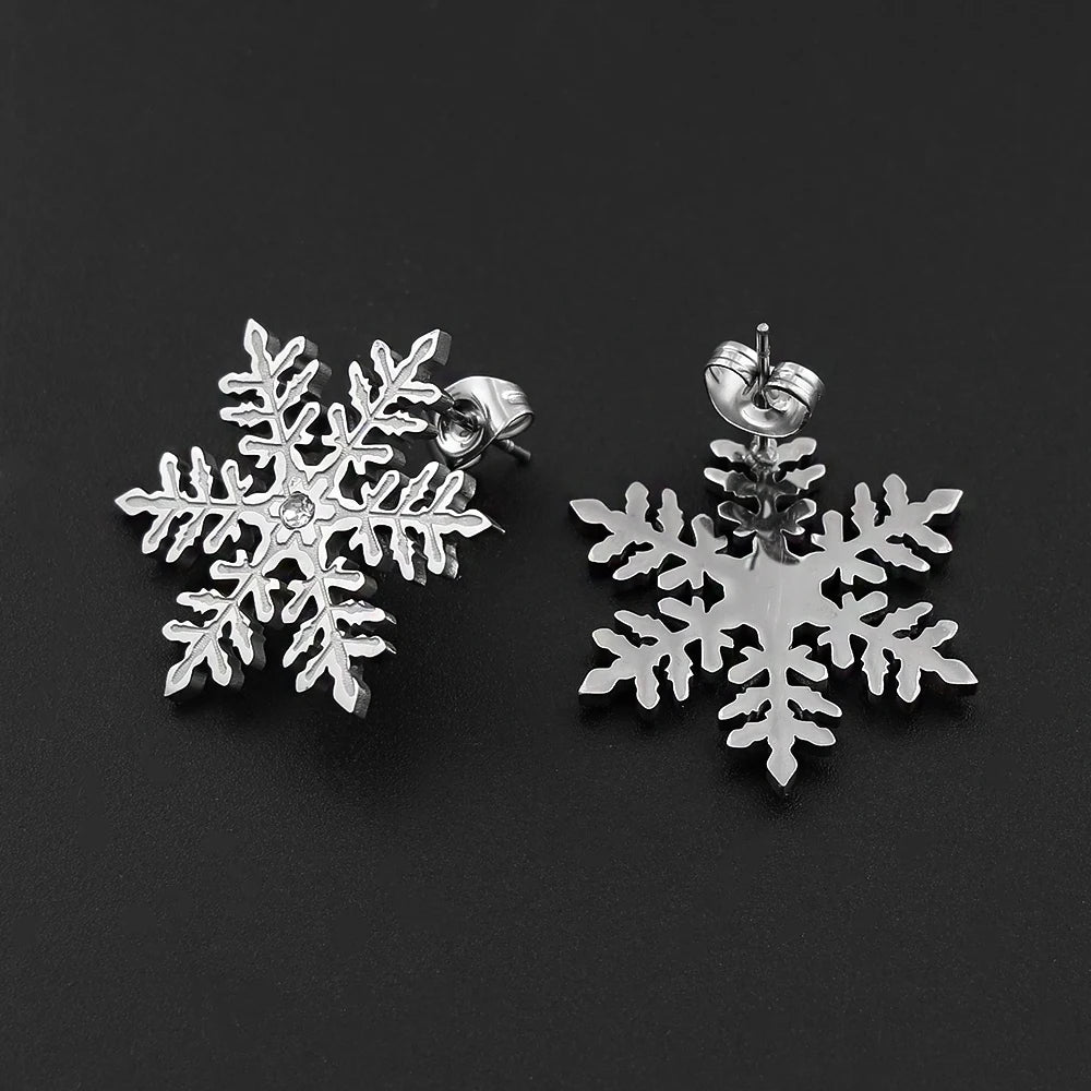 Stainless Steel Snowflake Stud Earrings Inlaid Crystal Winter Snow Flake Earrings Christmas Holiday Jewelry Gift for Women Girl