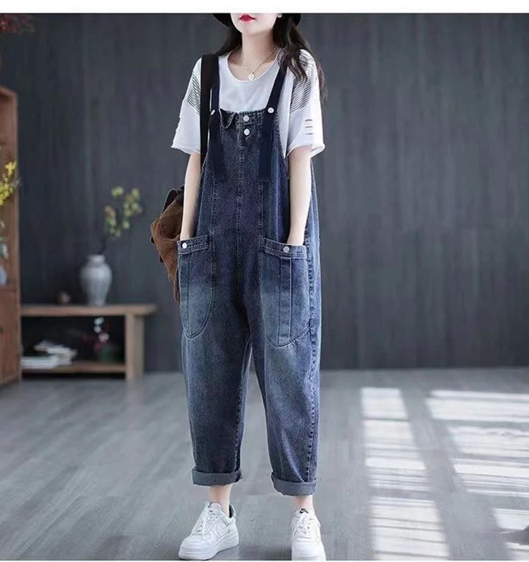 Minimalist jeans overalls women's spring new Korean version loose fit big pocket versatile trendy Harlan casual rompers