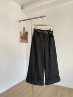 Retro design with rolled edge high waist casual pants 2025 autumn new slim fit and versatile wide leg pants for women
