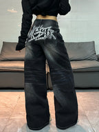 American Vintage Distressed Washed Letter Embroidery Loose Jeans Y2K Street Fashion Versatile Black Wide-Leg Pants For Women