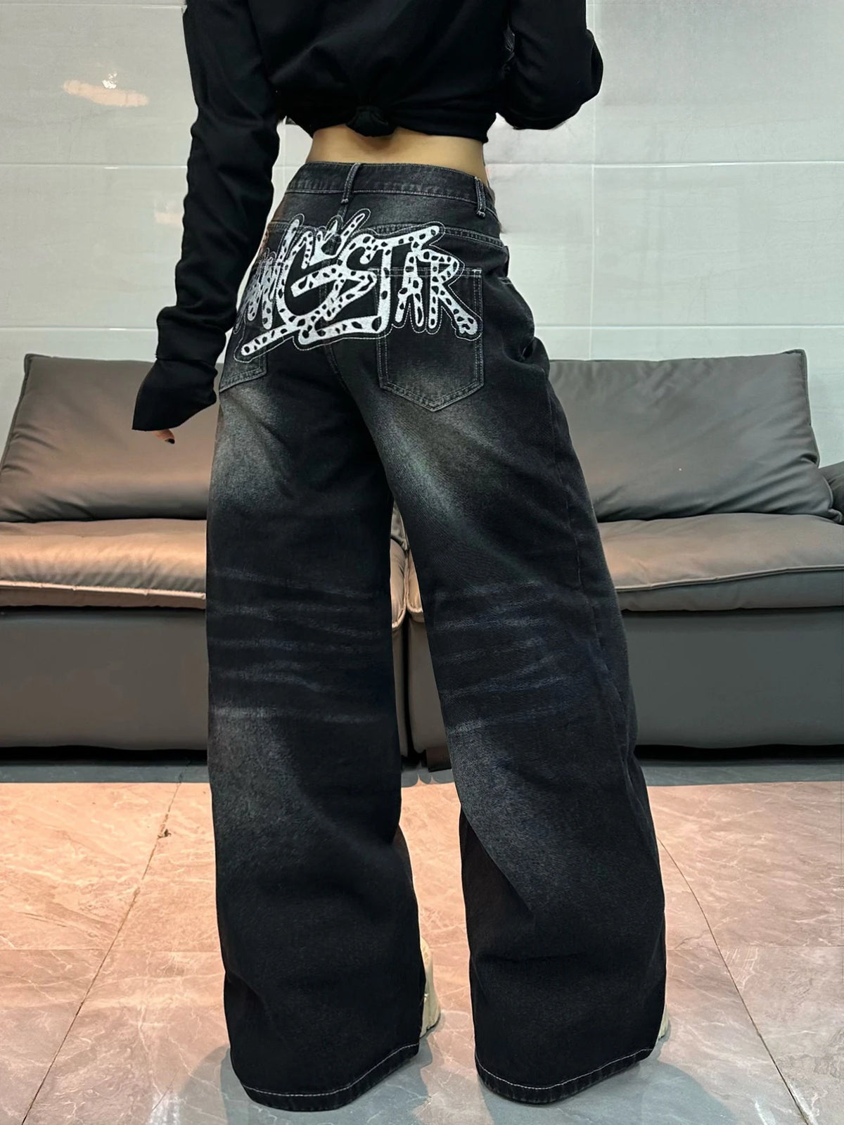American Vintage Distressed Washed Letter Embroidery Loose Jeans Y2K Street Fashion Versatile Black Wide-Leg Pants For Women