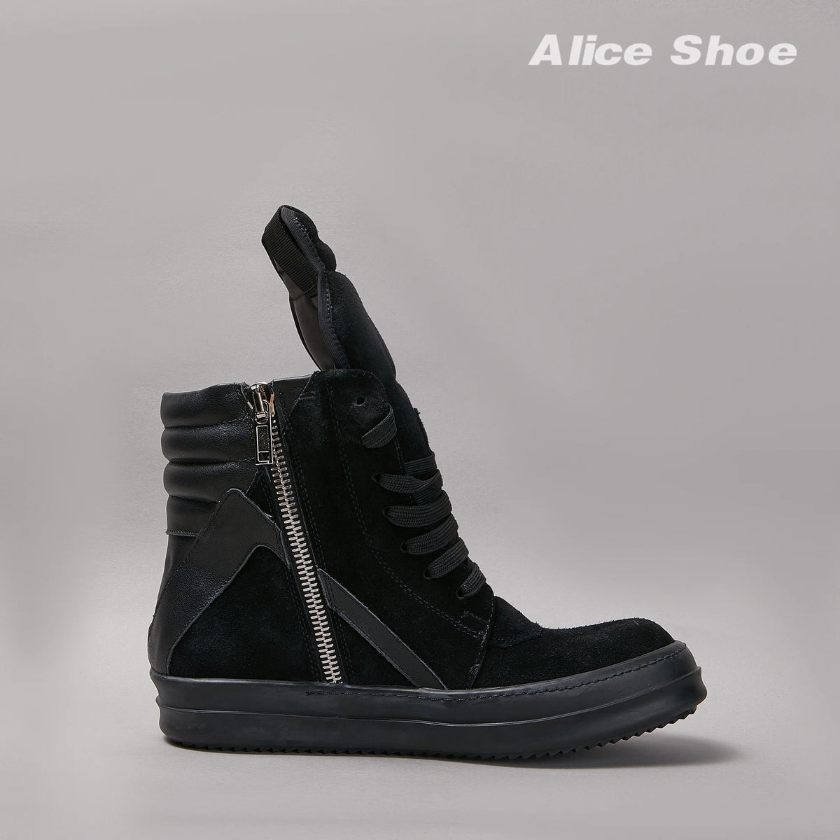 PENDRA Dark Suede Black Suede High-Top Flat Zip Ankle Boots