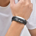 Black Multi Layers Leather Bracelet for Men,Metal Tube Charm Handmade Braided Rope Leather Bracelet,Gift for Husband Dad Son