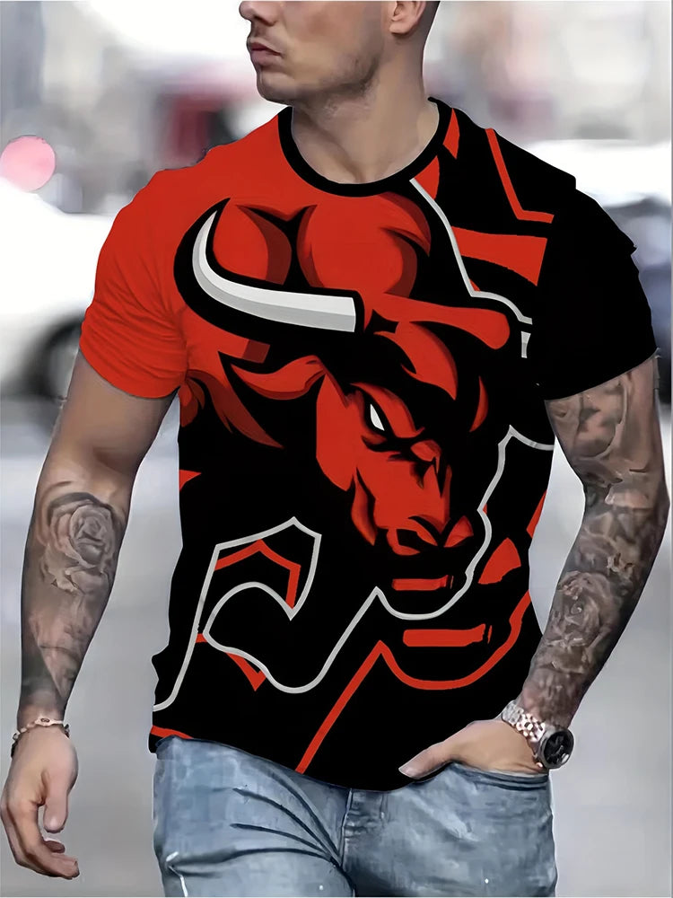 Bull Print Men's Oversized T-shirt Outdoor Sports Tees Street Fashion Men's Short Sleeves Summer Everyday Casual Men's Tops