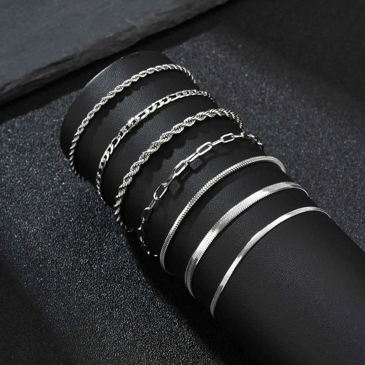 7pcs/set Simple Chain Bracelet for Men Women,Stainless Steel Silver Color Metal Chain Wristband,Jewelry Set Gift for Dad Mom
