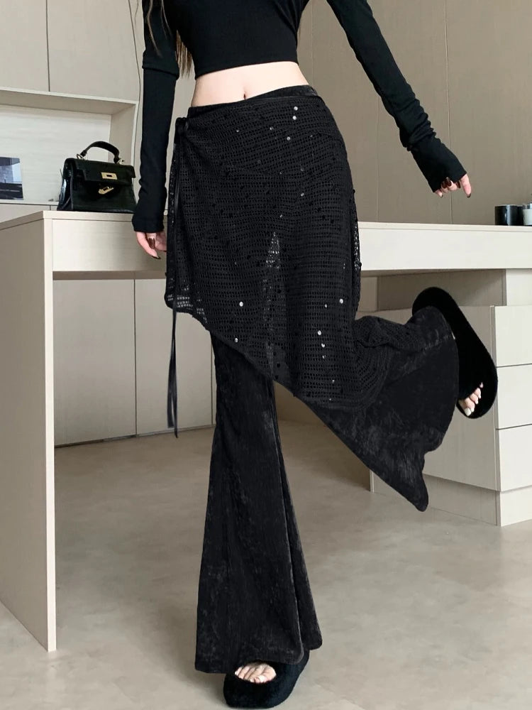 Women's autumn and winter sequin fart curtain fake two high waisted slimming and floor dragging casual flared pants