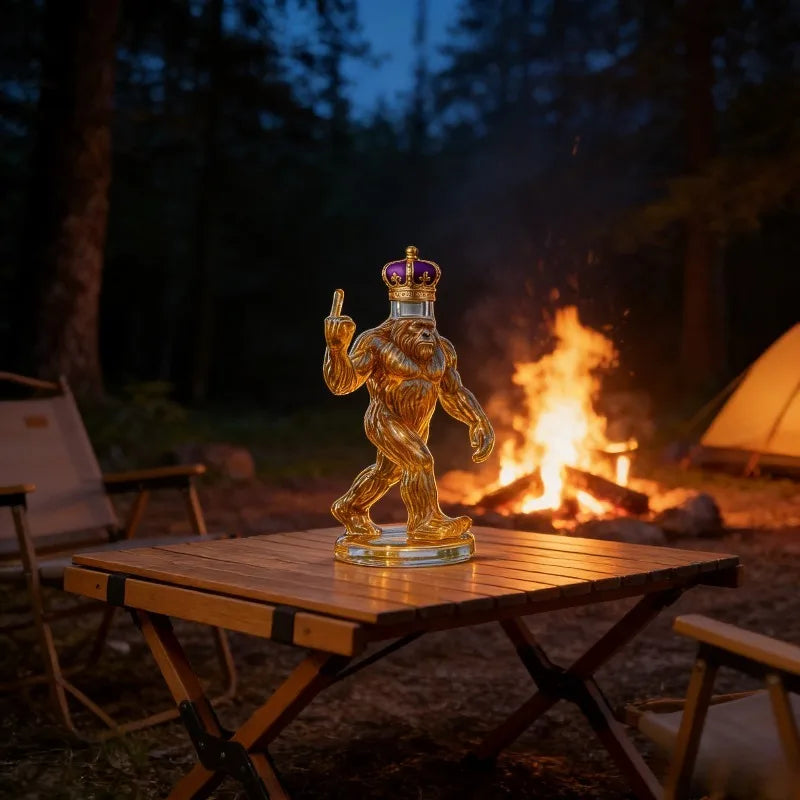 Collectible Sasquatch Whiskey Decanter with Royal Crown, Funny Middle Finger Glass Liquor Bottle for Man Cave & Camping Gifts