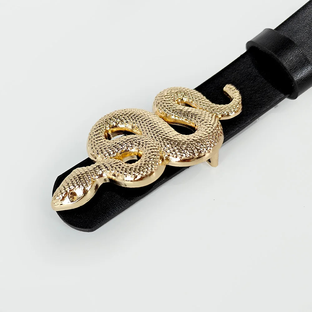 Hot Sale New Fashion Snake Belt Buckle with PU Leather Belt for Women Dress Designer Western Vintage Style Black Belts for Girls