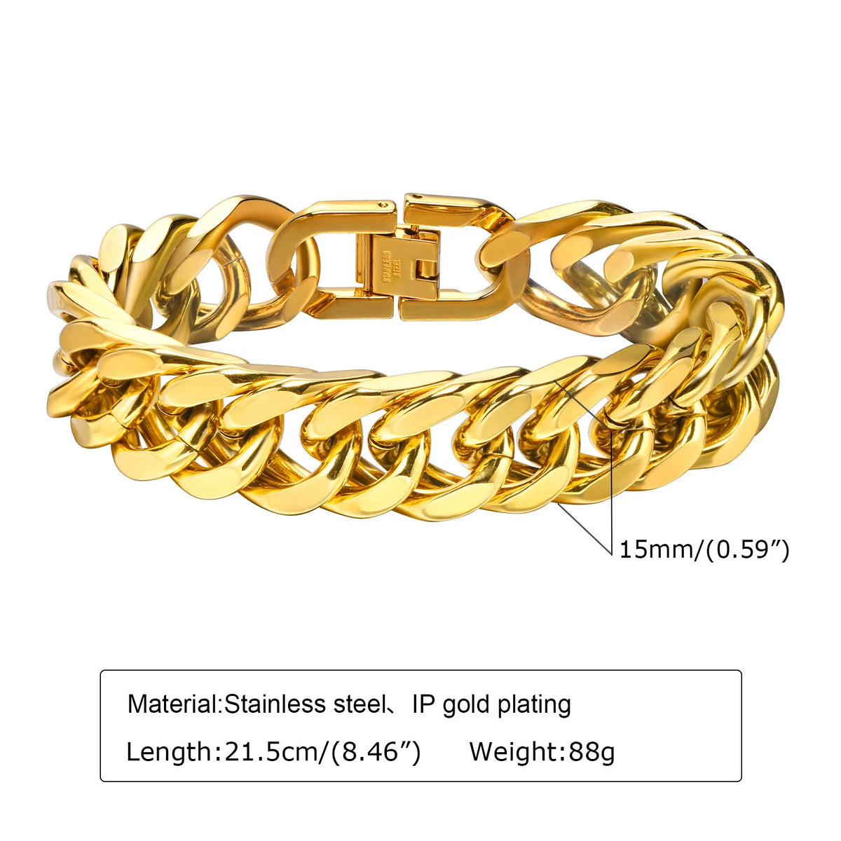 Gold Plated Men's Chunky Chain Bracelet,Stainless Steel Thick Cuban Chain Wristband,Hip Hop Punk Luxury Jewelry Gift for Him