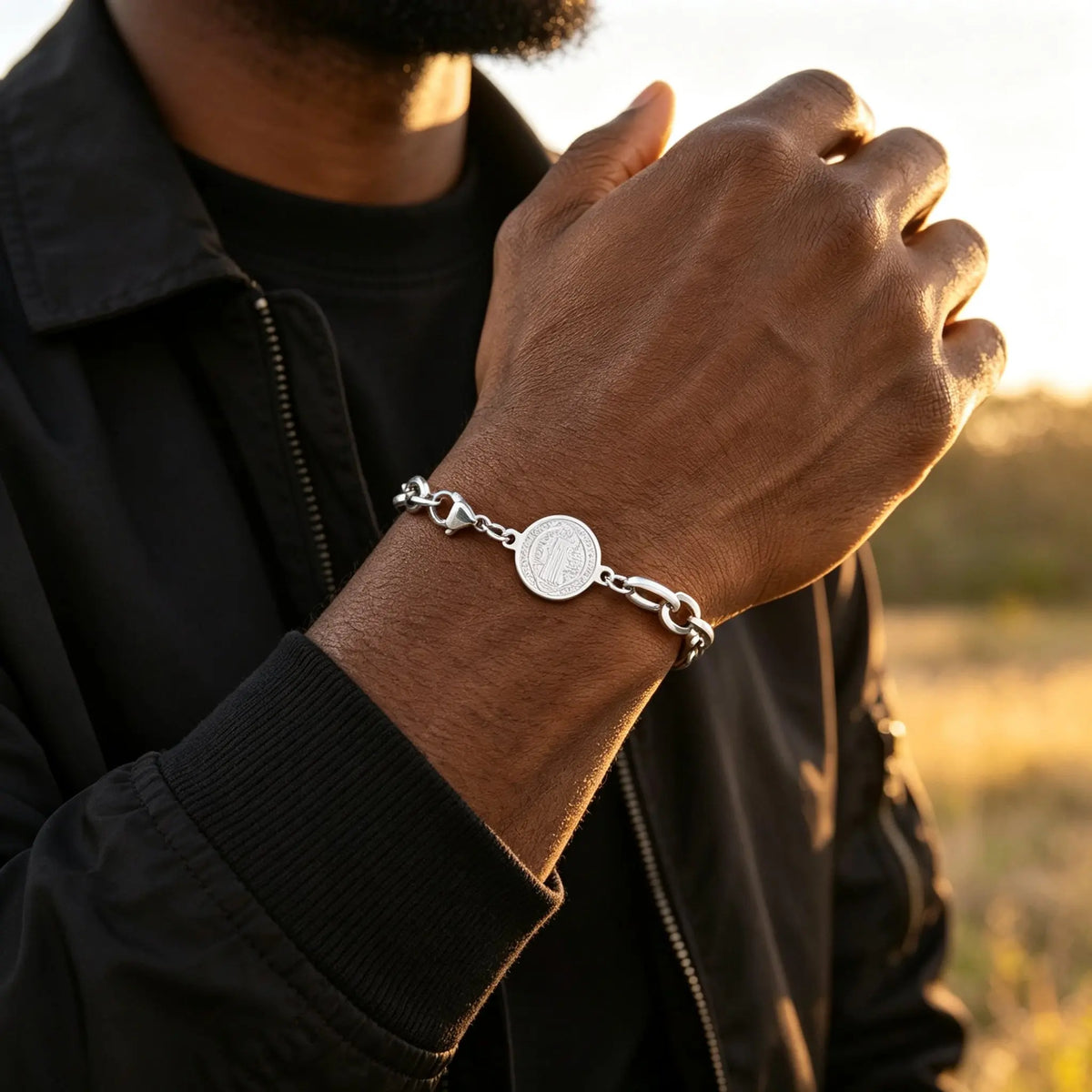 Saint Benedict Bracelet for Men,Gold Silver Color Stainless Steel Link Chain Wristband,Catholic Christian Medal Jewelry Gift